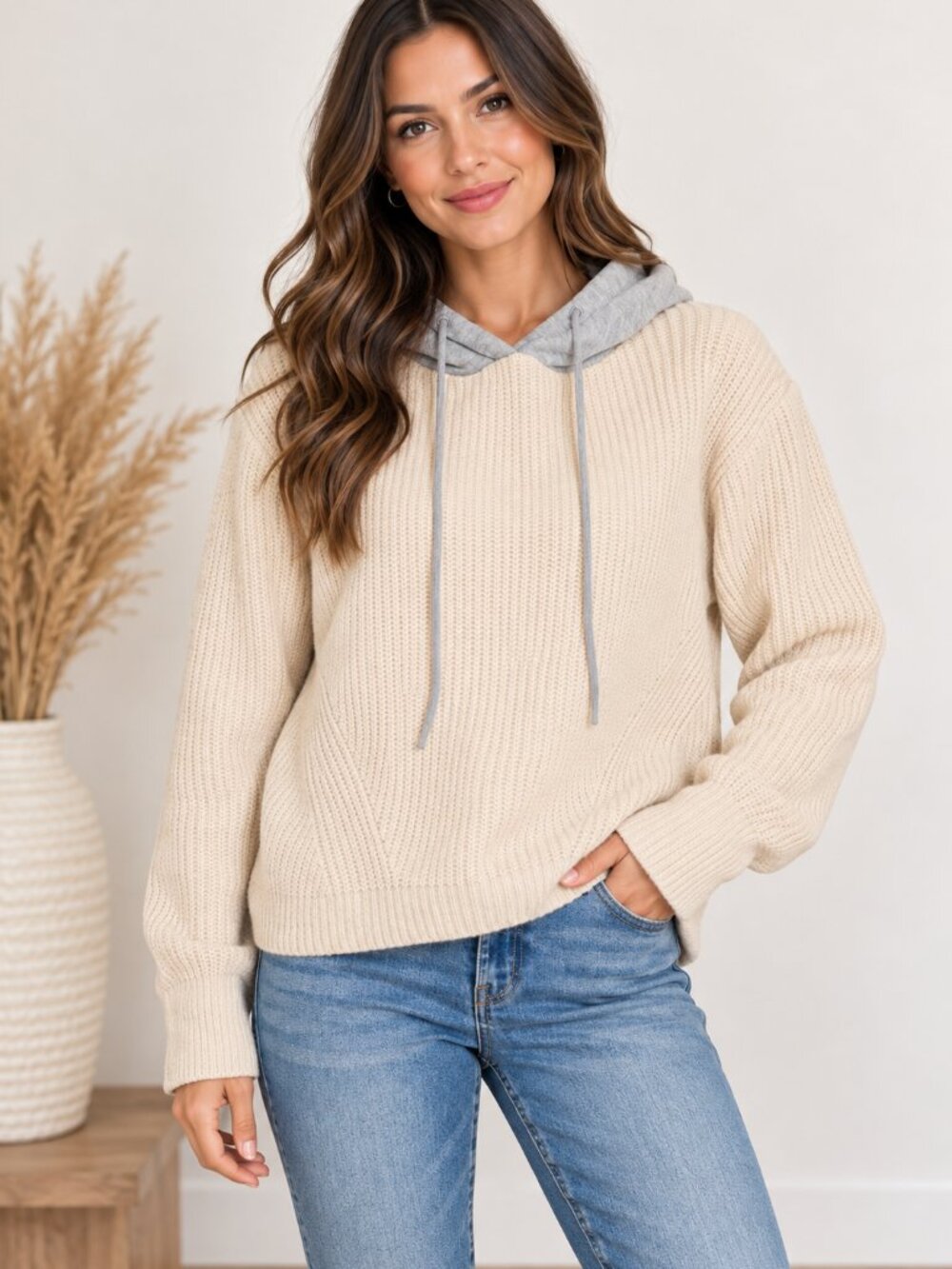 385. Women's Sand Beige Textured Hoodie Sweater